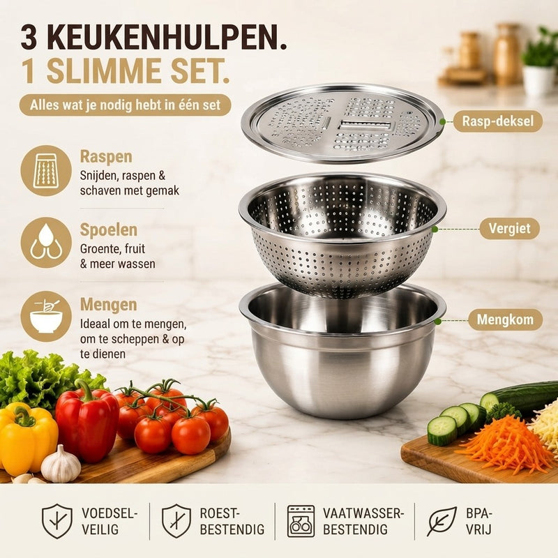 3-in-1-roestvrij stalen set met raspkom en vergiet
